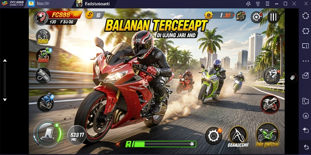 Gameplay FC888 yang menampilkan balapan motor yang intens dan seru.