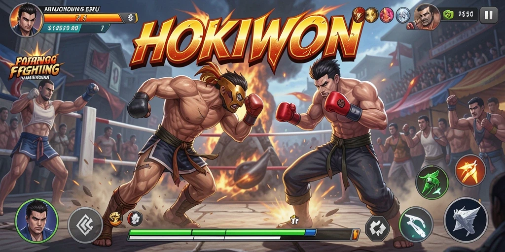 Tampilan screenshot HOKIWON menampilkan pertarungan seru antar karakter.