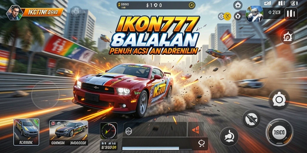 Screenshot menunjukkan aksi balapan seru IKON777 di lintasan yang menantang.