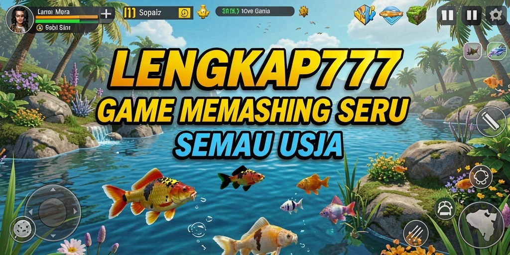 Screenshot dari gameplay LENGKAP777 yang menampilkan aksi memancing di lokasi indah.