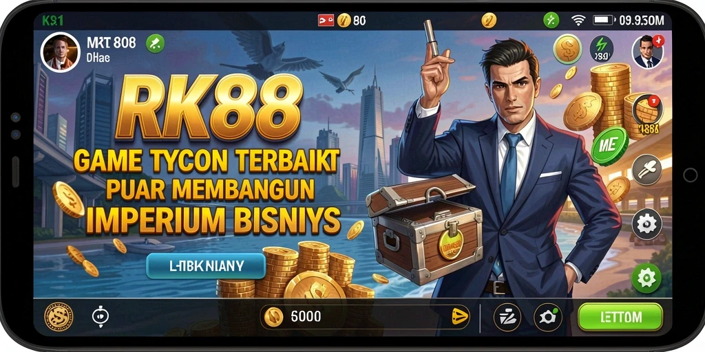 Tampilan gameplay RK88 yang menampilkan proses pembangunan bisnis.