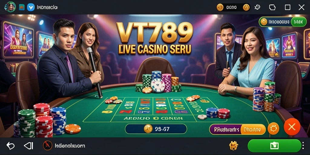 Tangkapan layar gameplay VT789 dengan dealer langsung dan suasana kasino.